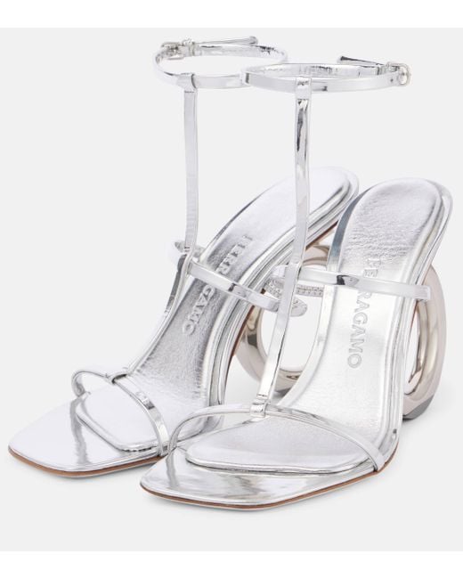 Ferragamo White Elina 105 Metallic Leather Sandals