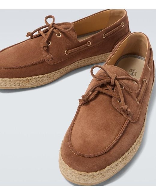 Brunello Cucinelli Brown Jute-Trimmed Suede Boat Shoes for men