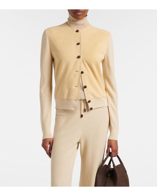 Loro Piana Natural Acacia Suede-Trimmed Cashmere And Silk Cardigan