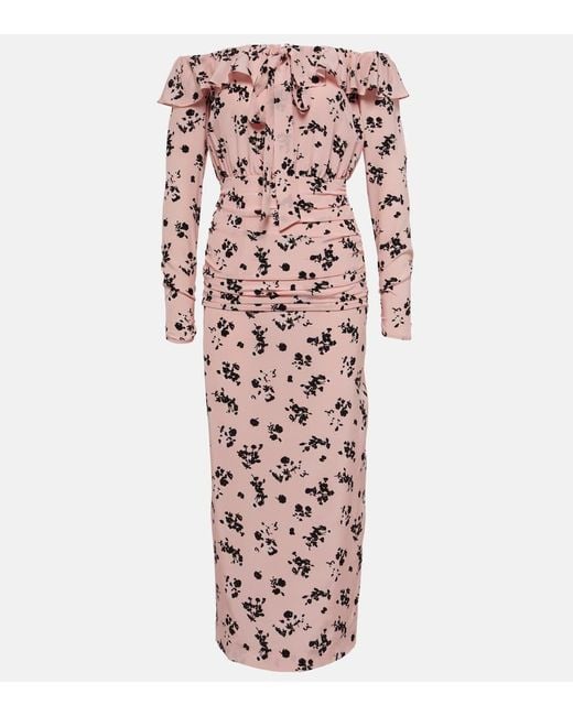 Alessandra Rich Pink Floral Off-Shoulder Silk Midi Dress