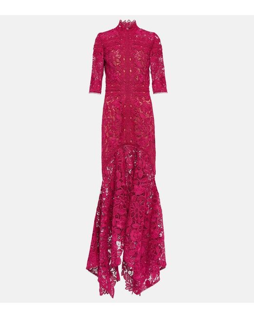 Costarellos Red Kalissa Guipure Lace Gown
