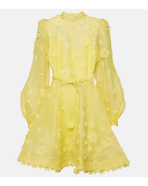 Zimmermann Yellow Floral-appliqué Crystal-embellished Linen And Silk-blend Mini Dres