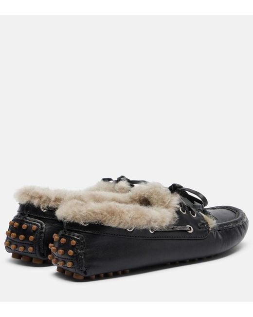Brunello Cucinelli Black Monili Shearling Boat Shoes