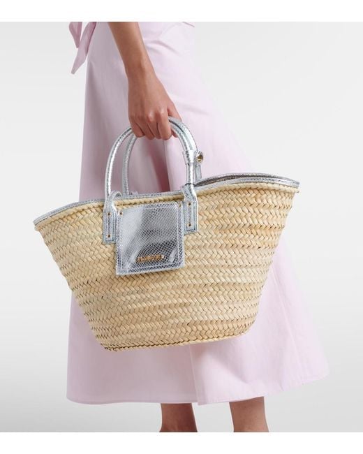 Jacquemus White Soli Small Croc-Effect Raffia Basket Bag