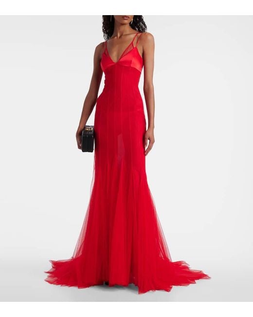 David Koma Red Robe Aus Satin Und Tuell