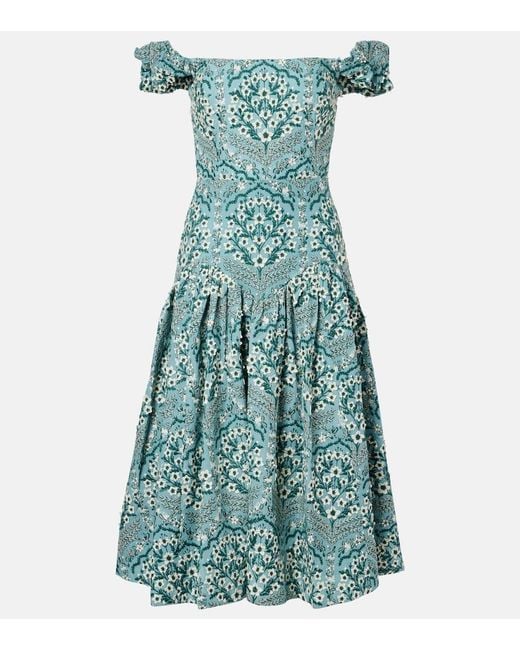 Agua Bendita Blue Siembra Embroidered Cotton Midi Dress