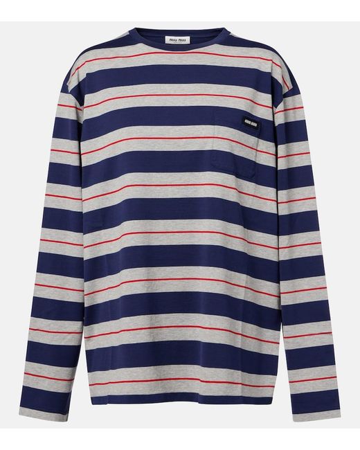 Miu Miu Blue Logo Striped Cotton Jersey Top