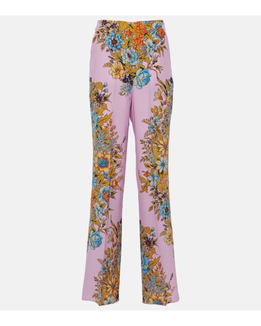 Etro Red Floral High-rise Silk Wide-leg Pants