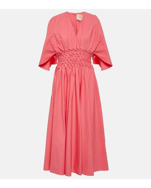 Roksanda Pink Esti Gathered Pleated Cotton-Poplin Midi Dress