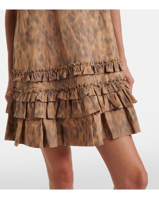 Ganni Brown Ruffled Printed Cotton Minidress