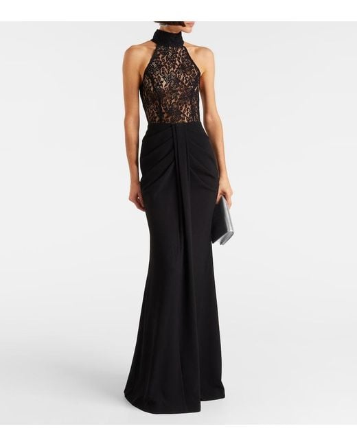 Rebecca Vallance Black Dixie Draped Halterneck Lace And Taffeta Gown
