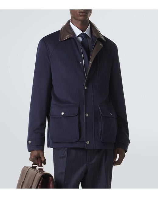 Brunello Cucinelli Blue Leather-Trimmed Wool Jacket for men