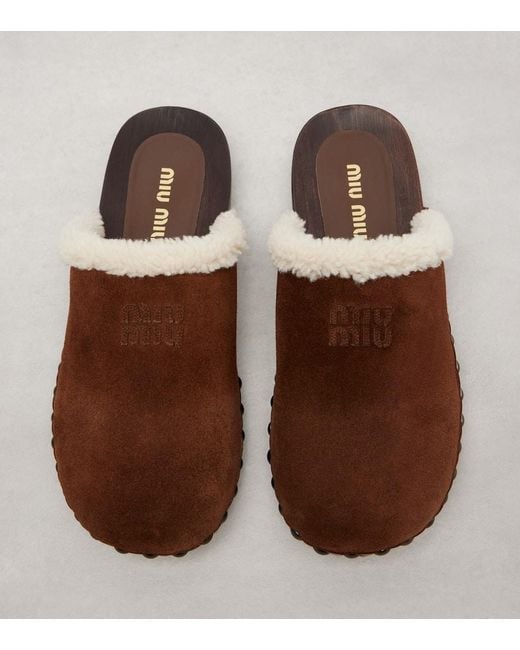 Miu Miu Brown Shearling-Lined Suede Clogs
