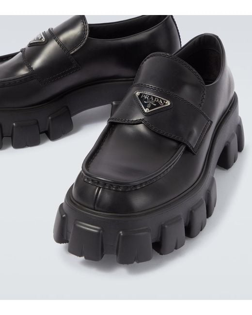 Prada Black Logo Leather Platform Loafers for men