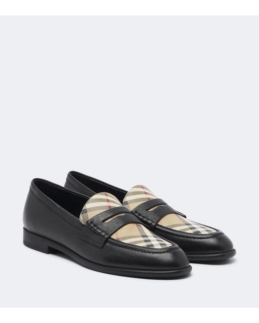 Burberry Black Check Leather Penny Loafers