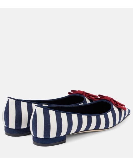 Manolo Blahnik Blue Reador Bow-Detail Striped Ballet Flats