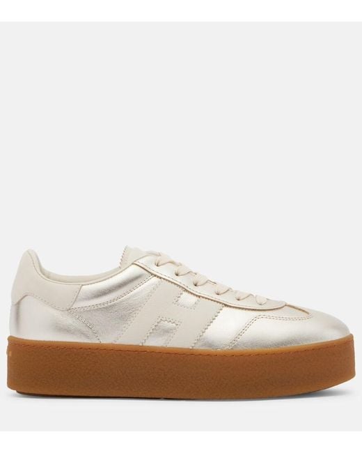 Hogan White H698 Metallic Leather Platform Sneakers