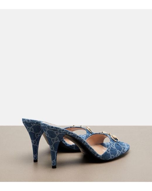 Gucci Blue Horsebit Gg Denim Mules