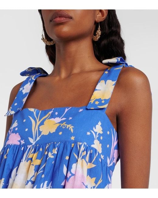 Juliet Dunn Blue Floral Cotton And Linen Minidress