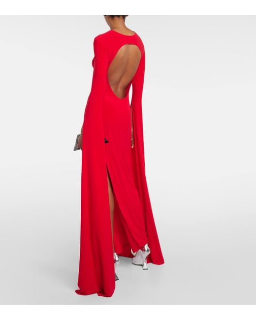 Norma Kamali Red Open Back Ribbon Sleeve Wide Slit Gown