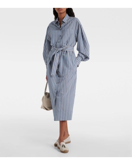 Brunello Cucinelli Blue Striped Cotton And Silk Shirt Dress