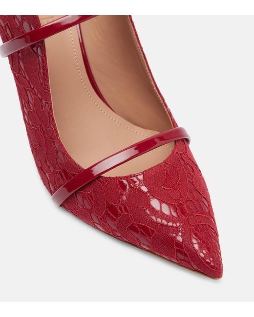 Malone Souliers Red Maureen 85 Leather-Trimmed Lace Mules