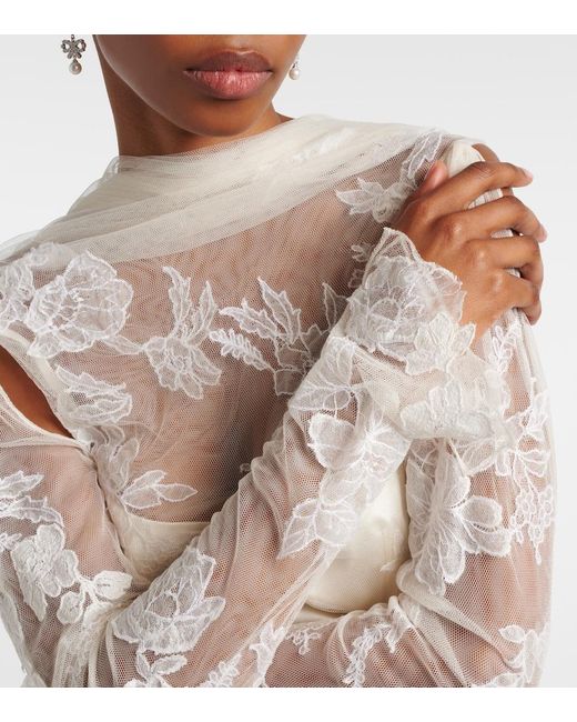 Danielle Frankel White Bridal Esme Lace-Trimmed Silk And Wool Gown