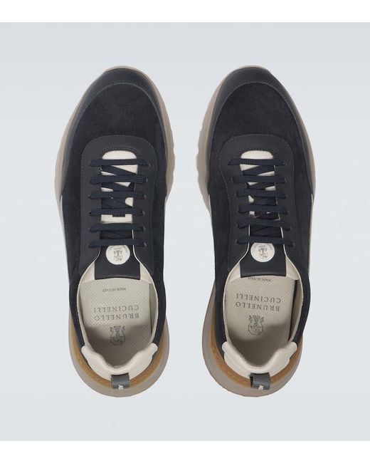 Brunello Cucinelli Blue Leather-Trimmed Suede Sneakers for men
