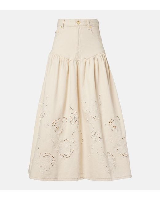 Ganni Natural Broderie Anglaise Gathered Denim Skirt