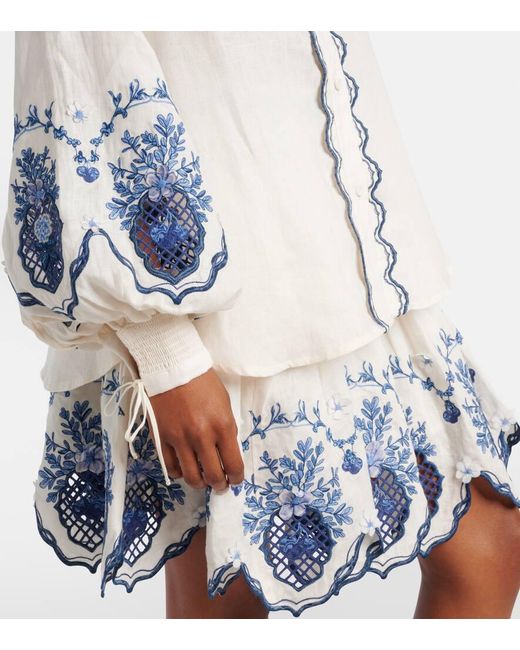 Agua Bendita White Bedruckte Bluse Abadia Wild Aus Leinen