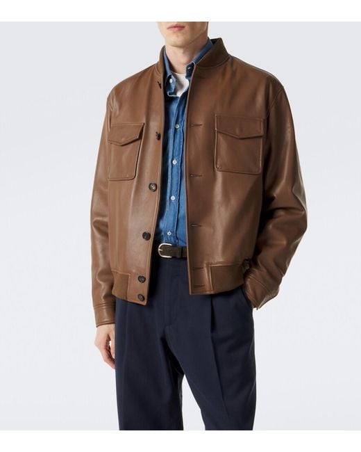 Slowear Brown Leather Bomber Jacket for men