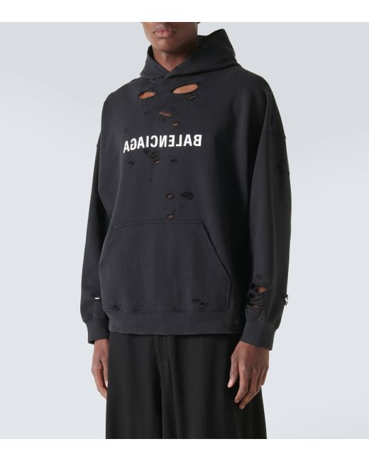 Balenciaga Black Destroyed Logo Cotton Jersey Hoodie for men