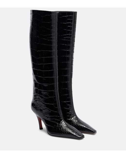 AMINA MUADDI Black Mona Croc-Effect Leather Knee-High Boots