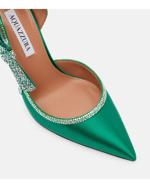 Aquazzura Green Soave Crystal 105 Bow-Detail Satin Pumps