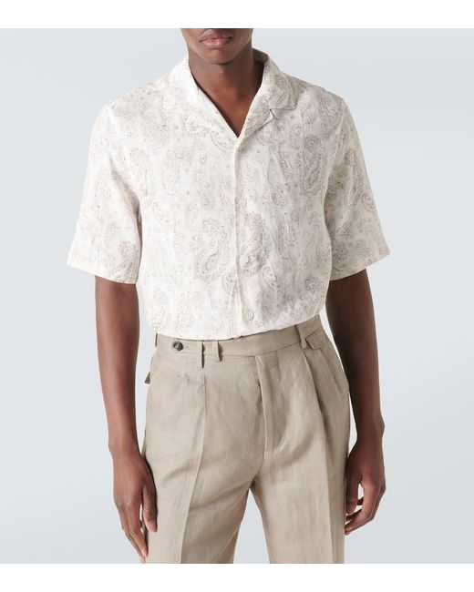 Camicia bowling in lino con stampa di Brunello Cucinelli in White da Uomo