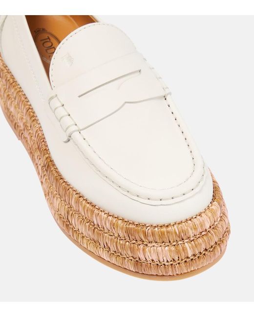 Tod's White Leather And Raffia Platform Loafers