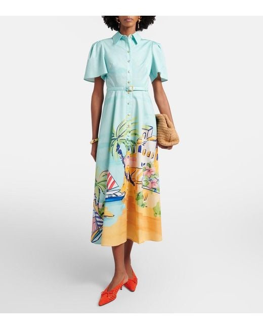 LEO LIN Blue Printed Belted Cotton Shirt Dress