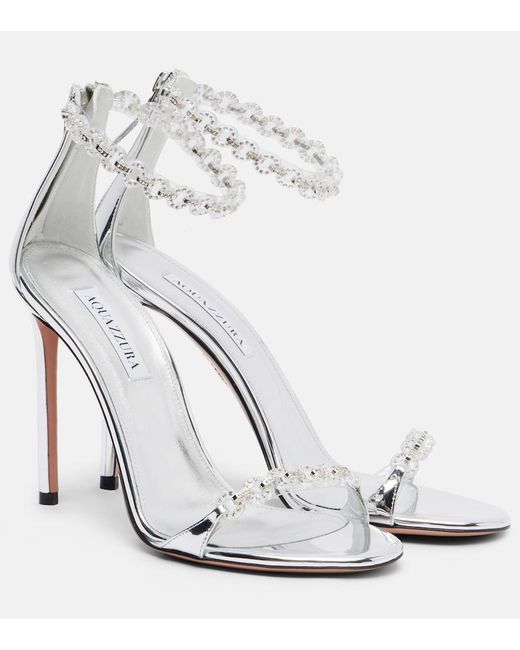 Aquazzura White Bijoux 105 Embellished Metallic Leather Sandals