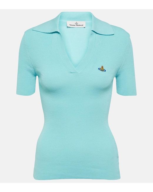 Vivienne Westwood Blue Marina Ribbed-Knit Cotton Polo Shirt