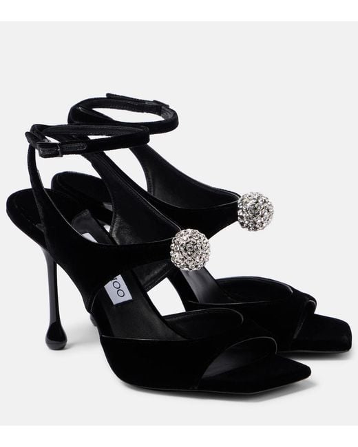 Jimmy Choo Black Orb 95 Embellished Velvet Sandals