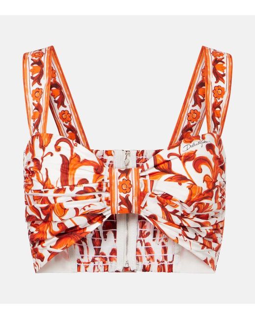 Dolce & Gabbana Red Majolica Cotton Poplin Crop Top