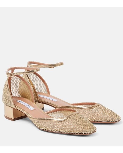 Aquazzura Natural Asha 35 Leather-Trimmed Mesh Pumps
