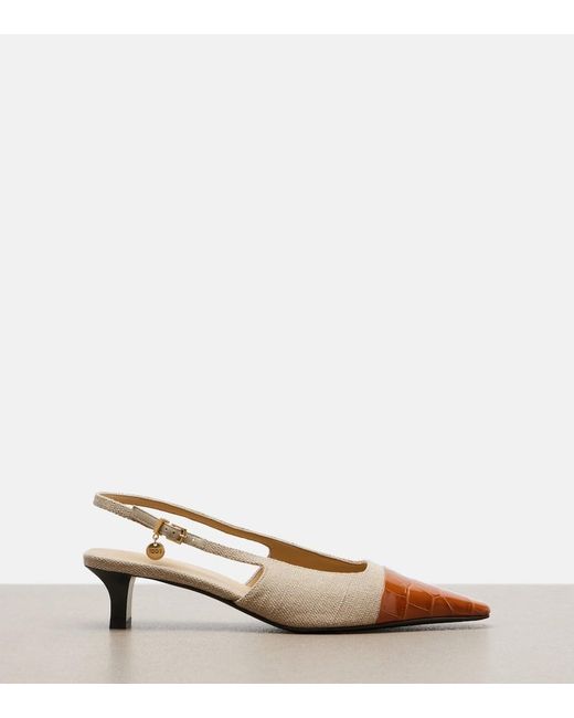 Tod's Natural Leather-Trimmed Canvas Slingback Pumps