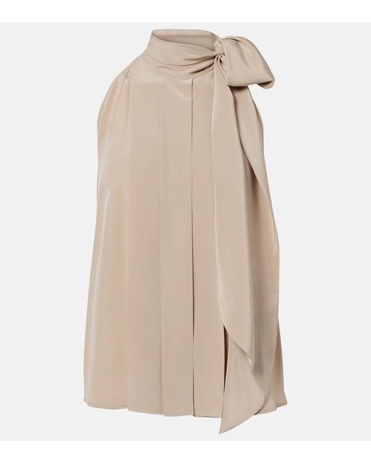 Max Mara Natural Pleated Tie-Neck Silk Crepe De Chine Top