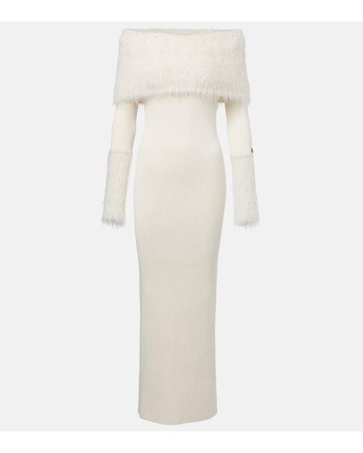 Jean Paul Gaultier White Ribbed-Knit Faux Fur-Trimmed Maxi Dress