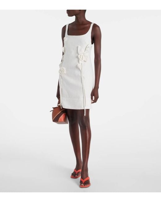 Vestido Corto De Lino Con Aplique Floral Farm Rio de color White