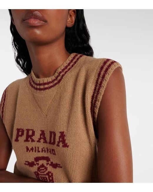 Chaleco De Lana Y Cachemir Con Logo Prada de color Brown