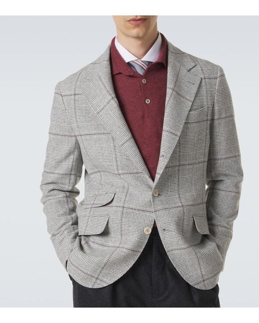 Brunello Cucinelli Gray Checked Silk, Wool, And Cashmere Blazer for men