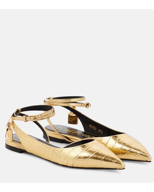 Tom Ford Metallic Padlock Croc-Effect Ballet Flats