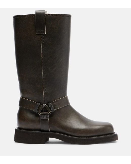 Brunello Cucinelli Black Monili Leather Knee-High Boots